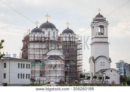 Belgrade, Serbia - May 25, 2018: Novi Beograd Orthodox Church Currently In Construction, With Scaffo