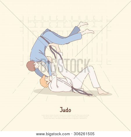 Japanese Martial Arts Sparring, Young Fighters, Trainer And Student In Kimono Practicing Throw, Judo