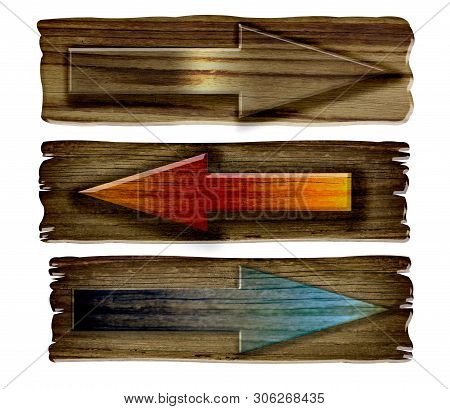 Set Of Wooden Dark Pointer Isolated On White Background. Old Wood  Planks Sign