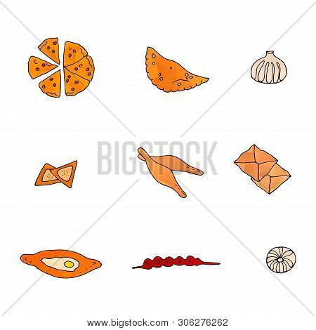 Georgian Tradition Food. Hand Drawn Color Collection Of The Bakery Products