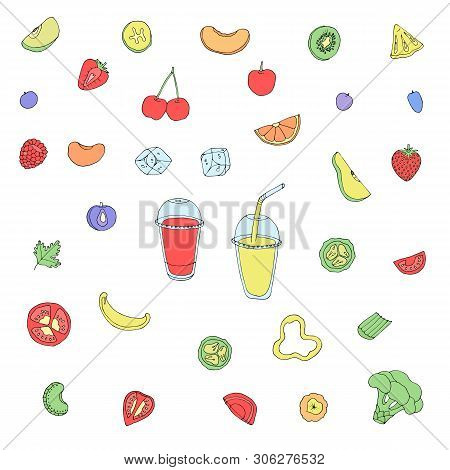 Color Hand Drawn Coolection Of The Fruits And Vegetables With Glasses Of Juice. Fresh Summer Food.