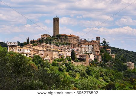 Medieval Fortified Gate And Towers In City Of Pereta In Tuscany, Italy