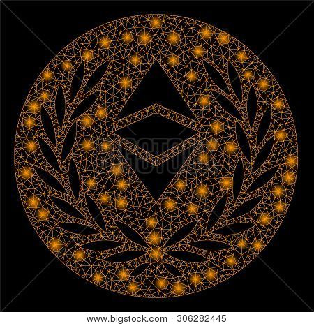 Bright Mesh Ethereum Classic Laurel Coin With Glow Effect. Abstract Illuminated Model Of Ethereum Cl