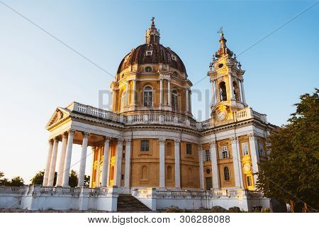The Basilica Of Superga At Sunset. The Basilica Of Superga Is A Catholic Church In Late Baroque And 