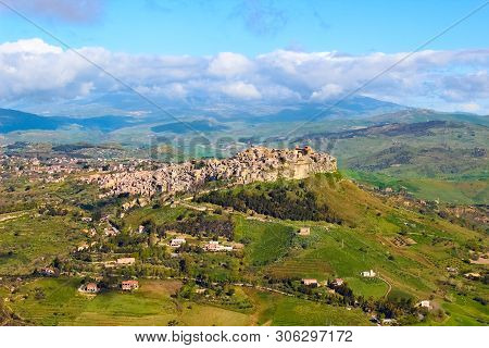 Beautiful View Of Sicilian Village Calascibetta Taken With Adjacent Mountains And Green Landscape. T
