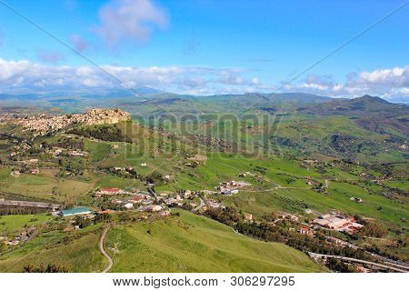 Amazing View Of Village Calascibetta In Sicily Taken With Adjacent Green Hilly Landscape. Photograph
