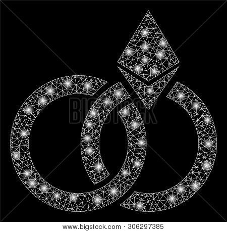 Bright Mesh Ethereum Wedding Rings With Glare Effect. Abstract Illuminated Model Of Ethereum Wedding