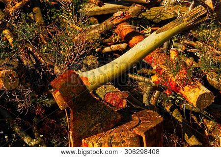 The Axe Stuck In The Chopping Block With Firewood On Background