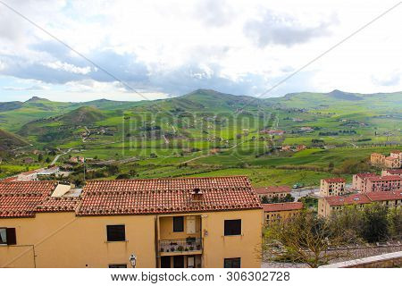 Beautiful View Of Green Sicilian Countryside Landscape Photographed From Small Village Gangi. Nature