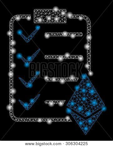 Bright Mesh Ethereum Smart Contract With Lightspot Effect. Abstract Illuminated Model Of Ethereum Sm