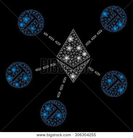 Bright Mesh Ethereum Mining Pool With Lightspot Effect. Abstract Illuminated Model Of Ethereum Minin