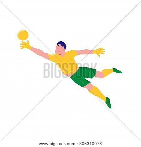Football Player. Man Goalkeeper In Yellow Shirt And Green Shorts Catch The Ball  In Falling. The Peo