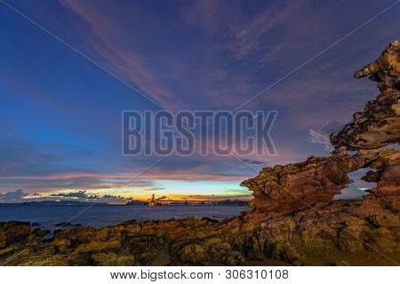 Sunset Above Industry Pier At Kwang Beach.there Have Beautiful Rock Along The Beach. Kwang Beach Is 
