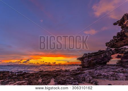 Sunset Above Industry Pier At Kwang Beach.there Have Beautiful Rock Along The Beach. Kwang Beach Is 