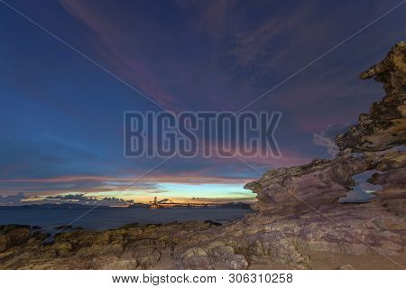 Sunset Above Industry Pier At Kwang Beach.there Have Beautiful Rock Along The Beach. Kwang Beach Is 