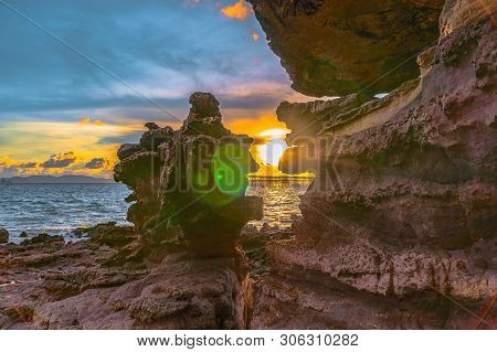 Sunset Above Industry Pier At Kwang Beach.there Have Beautiful Rock Along The Beach. Kwang Beach Is 