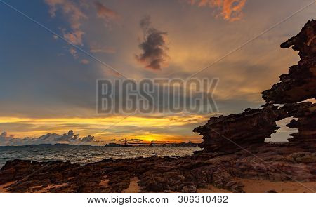 Sunset Above Industry Pier At Kwang Beach.there Have Beautiful Rock Along The Beach. Kwang Beach Is 