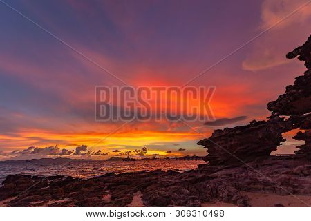 sunset above industry pier at Kwang beach.there have beautiful rock along the beach. Kwang beach is 