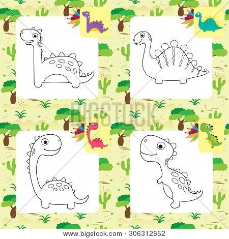 Funny Cartoon Dinosaurs Collection. Coloring Book. Vector Illustration