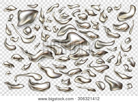 Various Size And Shape Liquid Metal, Precious Alloy, Melted Silver Drops 3d Realistic Set Isolated O