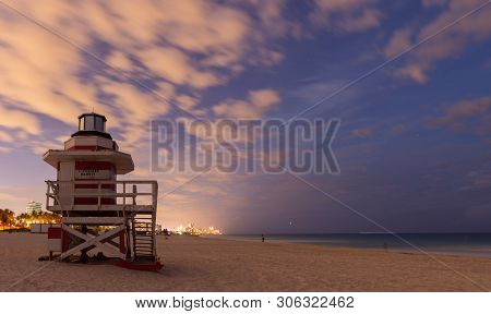 Lifeguard Station At Night On Miami Beach, Flroida, Usa