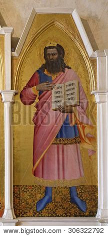 FLORENCE, ITALY - JANUARY 10, 2019: Saint Job, by Nardo di Cione, Basilica di Santa Croce (Basilica of the Holy Cross) - famous Franciscan church in Florence, Italy