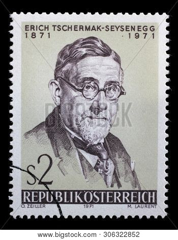 ZAGREB, CROATIA - JULY 03, 2014: A stamp issued in the Austria shows Dr. Erich Tschermak-Seyseneggs, botanist, the 100th Anniversary of the Birth, circa 1971.