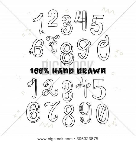 Two Sets Of Hand Drawn Numerical Symbols From One Till Nine And Zero. Lettering Digit Character Row 