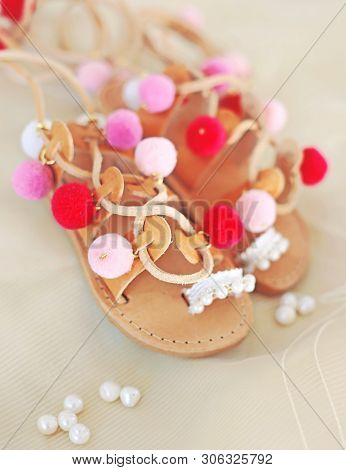 Greek Leather Sandals For Girls With Colorful Pom Pom - Gladiator Sandals - Kids Shoes Advertisement