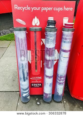 Cheshire, Uk - June 13, 2019: Recycling Paper Coffee Cups Station To Reduce Waste Impact, Cheshire, 