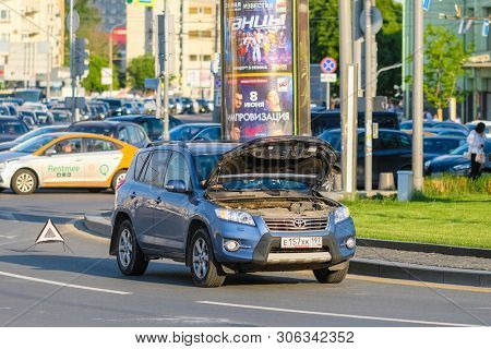 Moscow, Russia - May, 22, 2019: broken car on Taganskaya square in Moscow