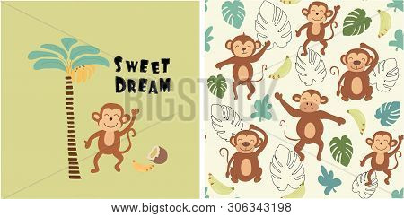 Set Of Monkey Print And Seamless Pattern With Monkeys.vector