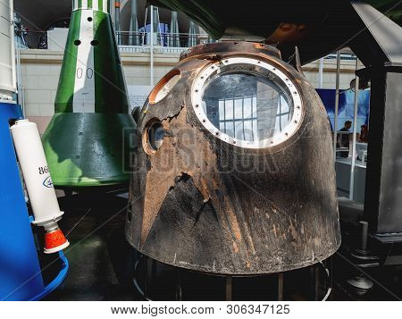 Moscow, Russia - June 08, 2019. Descent Vehicle Of The Soyuz Tma. Interior And Showpieces Of Pavilio