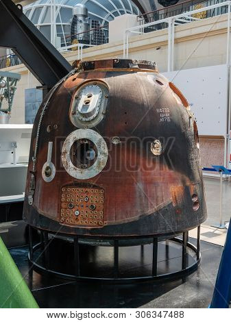 Moscow, Russia - June 08, 2019. Descent Vehicle Of The Soyuz Tma. Interior And Showpieces Of Pavilio
