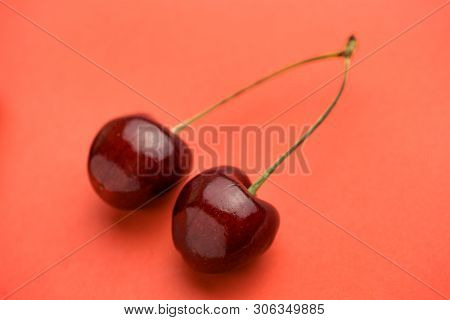 Close Up Of A Pair Of Fresh Red Ripe Shiny Cherries With Green Petioles Are Placed At The Angle On T
