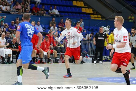 Kyiv, Ukraine - June 12, 2019: Lasse Bredekjaer Andersson Of Denmark Attacks During The Ehf Euro 202