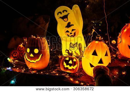 Scary Halloween Decorations Outdoors At Night Close Up