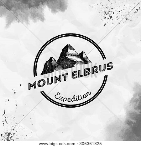Elbrus Logo. Round Expedition Black Vector Insignia. Elbrus In Caucasus, Russia Outdoor Adventure Il