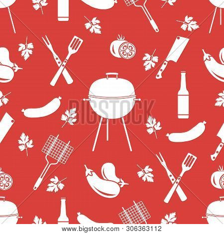 Seamless Pattern With Grill And Barbecue Tools. Bbq Party Background. Design For Party Card, Banner,