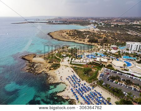 Top View Of The City Of Cyprus And The City Of Ayia Napa. Air View Of The Resort Mediterranean Coast