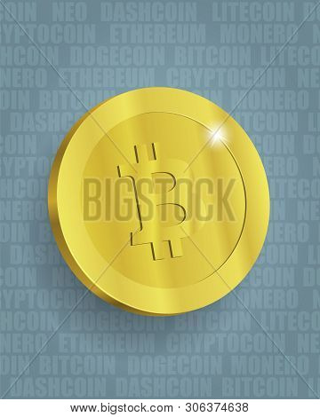 Stylized Bitcoin Illustration On Text Pattern Background