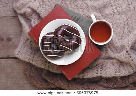 Hot Tea And Book With Woolan Plaid On Wood Background - Seasonal Relax Concept. Autumn Winter Weeken