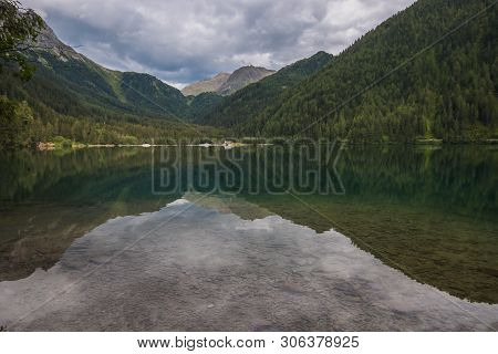 Beautiful View Of Anterselva Lake On Cloudy Day In The Italian Dolomites