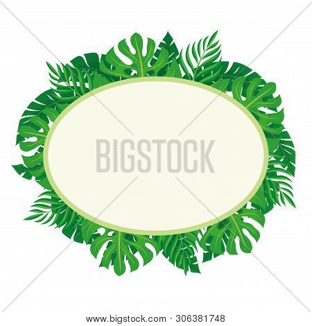 Oval Label With Tropical Leaves On A White Background.