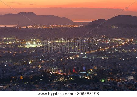 Athens, Greece - February 1, 2019: View Of Athens And Piraeus From Lycabettus Hill At Sunset, Greece