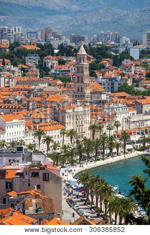 Old Town Of Split In Dalmatia, Croatia. Panoramic View Of City Center, Palace Of Roman Emperor Diocl