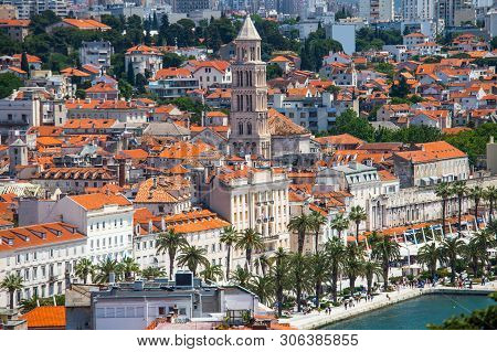 Old Town Of Split In Dalmatia, Croatia. Panoramic View Of City Center, Palace Of Roman Emperor Diocl