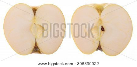 Yellow Apple Cut In 2 Halves (chantecler, Chanteclerc, Malus Domestica). Variety Mix Of Golden Delic