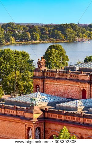 Hamburg, Germany Aerial View With Aussenalster Or Outer Alster Lake And Old Red Brick Houses