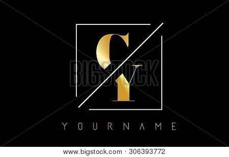 Cy Golden Letter Logo With Cutted And Intersected Design And Square Frame Vector Illustration